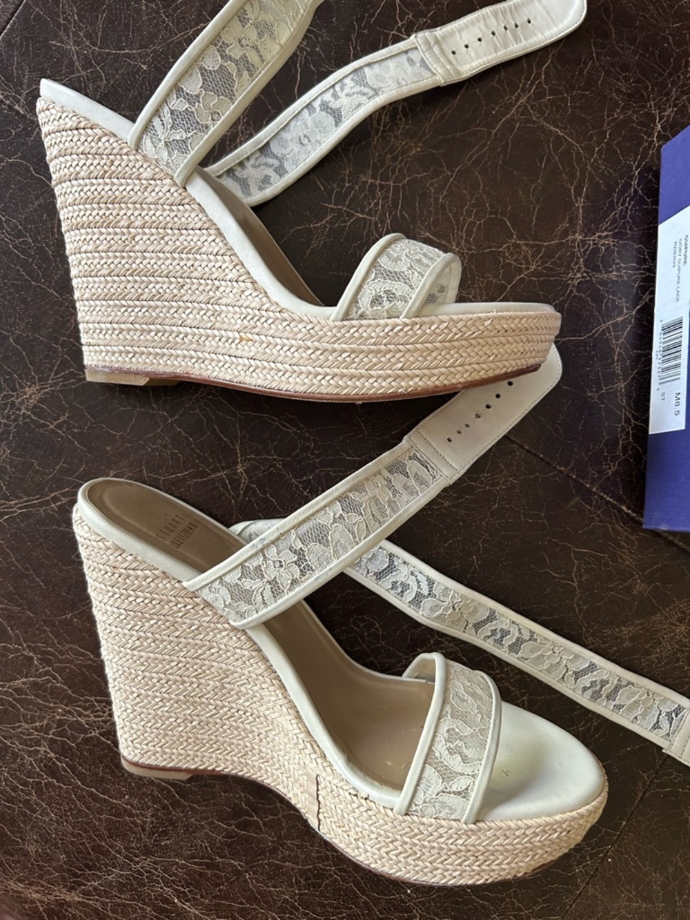 Stuart Weitzman Cream Lace Espadrille Wedge Sandals - Picture 9 of 12